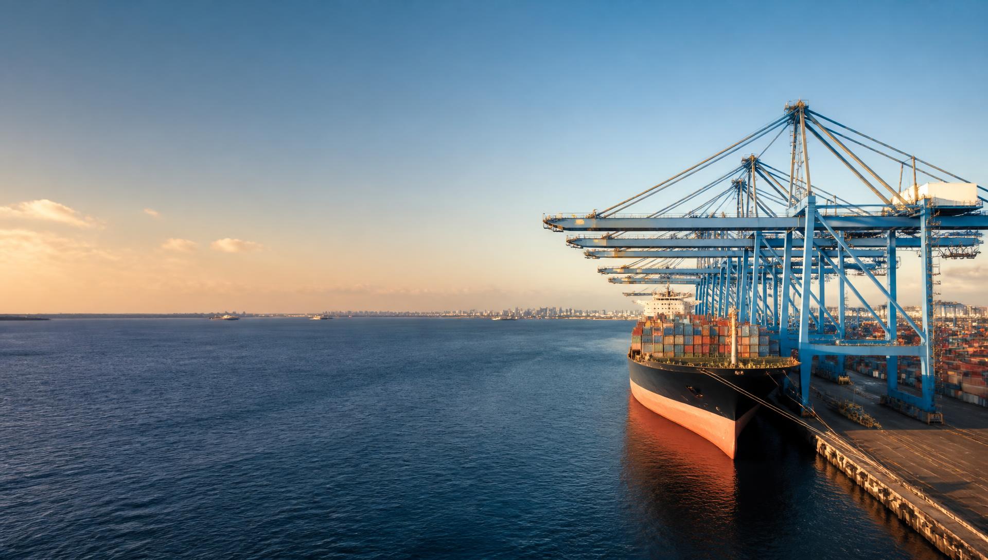 Container ship docked at a modern cargo port